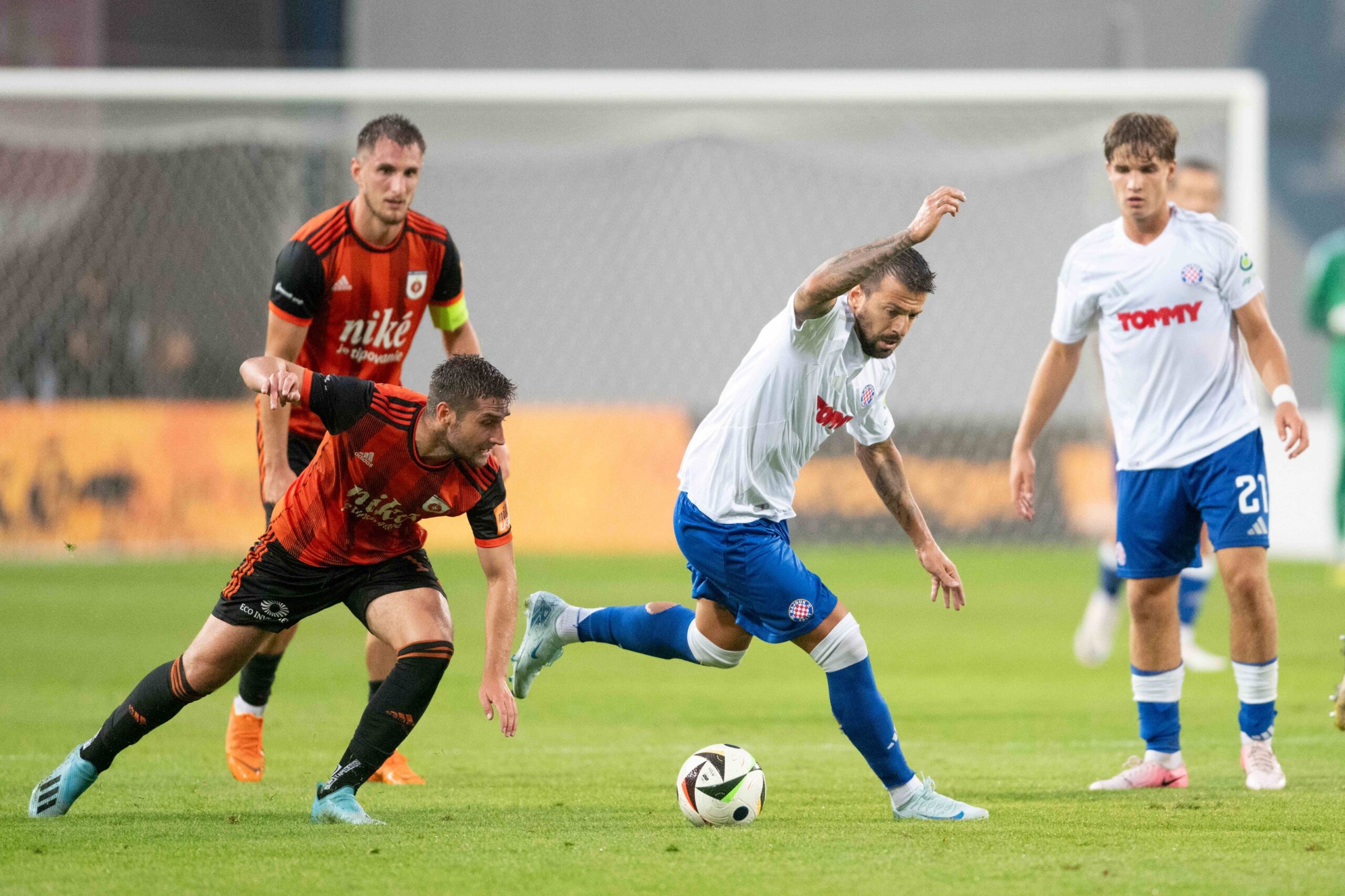 Trajkovski in the battle for the ball with Samuel Lavrincik during UEFA Conference league Quali match, MFK Ruzomberok - HNK Hajduk Split