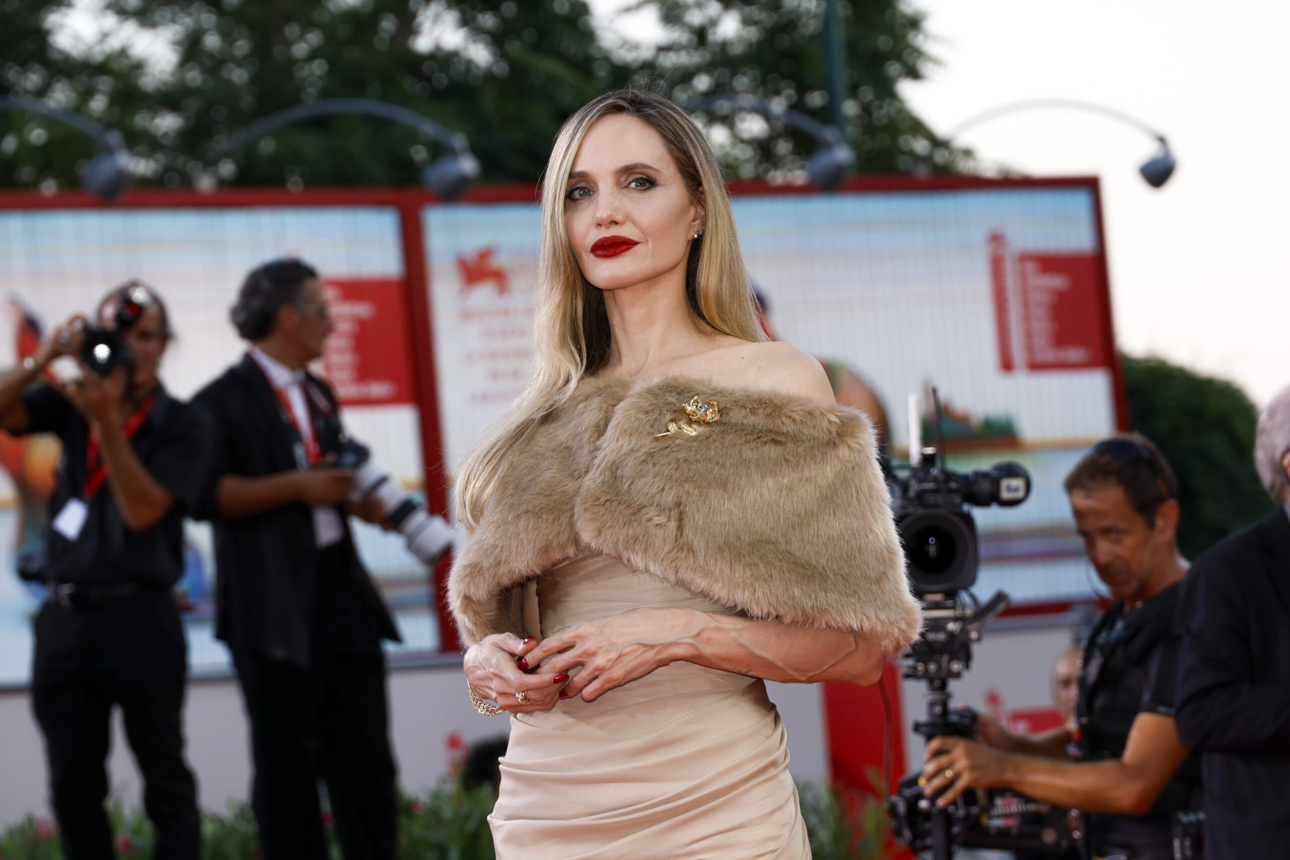 Angelina Jolie poses for photographers upon arrival for the premiere of the film 'Maria' during the 81st edition of the Venice Film Festival in Venice, Italy, on Thursday, Aug. 29, 2024. (Photo by Joel C Ryan/Invision/AP)