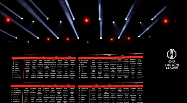 The clubs and fixtures are shown on the screen during the UEFA Europa League group stage draws, in Monaco, Friday, Aug. 30, 2024. (AP Photo/Gregorio Borgia) Monaco Soccer Europa League Draw