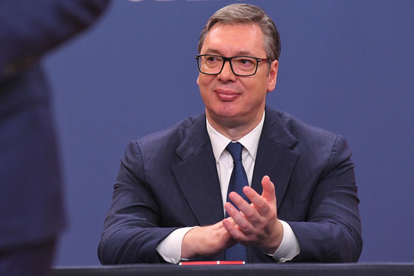 08, May, 2024, Belgrade - Official visit of the President of the People's Republic of China to the Republic of Serbia - exchange of signed agreements and press statements of the President of the People's Republic of China and the President of the Republic of Serbia.  Aleksandar Vucic. Photo: R.Z./ATAImages

08, maj, 2024, Beograd - Zvanicna poseta predsednika Narodne Republike Kine Republici Srbiji -  razmene potpisanih sporazuma i izjave za medije predsednika Narodne Republike Kine i predsednika Republike Srbije. Photo: R.Z./ATAImages Photo: 