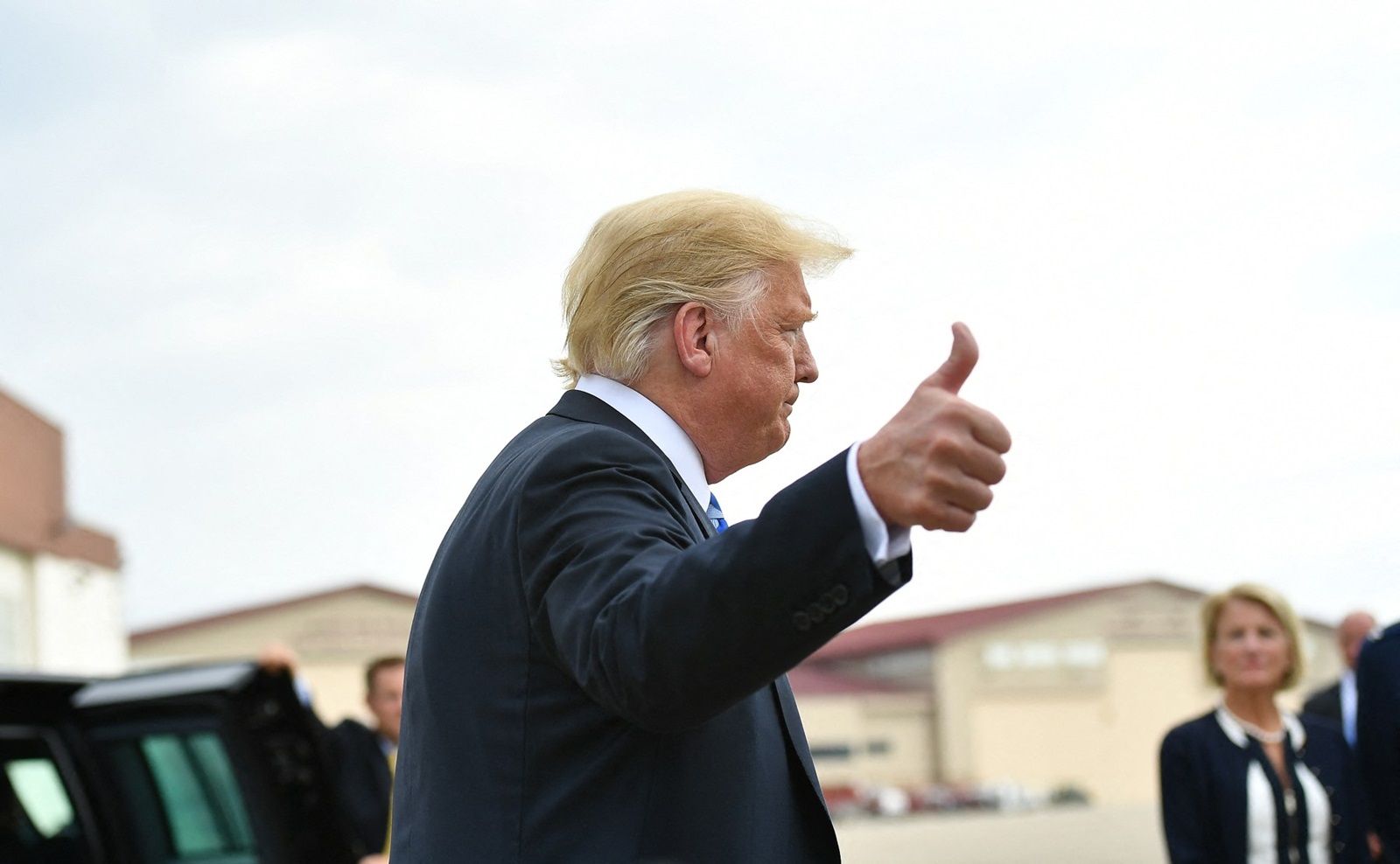 US President Donald Trump speaks to the press upon arrival at Yeager Airport in Charleston, West Virginia on August 21, 2018.  Trump  said he was 'very sad' about Manafort conviction. Donald Trump's former campaign chief Paul Manafort was found guilty of fraud Tuesday, in the first trial resulting from the investigation into Russian meddling in the 2016 presidential election.,Image: 383524668, License: Rights-managed, Restrictions: , Model Release: no, Credit line: MANDEL NGAN / AFP / Profimedia