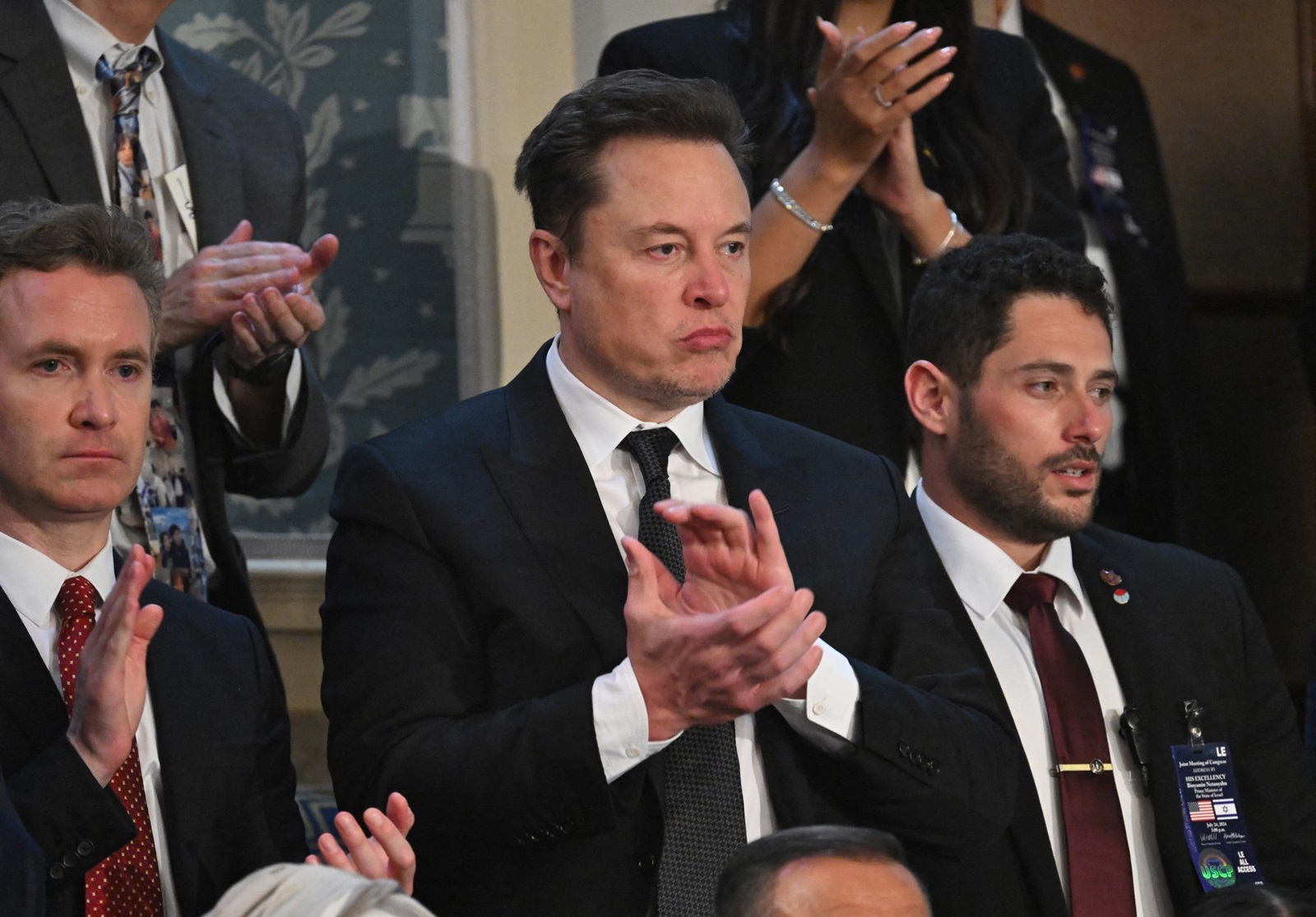 Tesla CEO Elon Musk applauds as Israeli Prime Minister Benjamin Netanyahu speaks to a joint meeting of Congress at the US Capitol on July 24, 2024, in Washington, DC.,Image: 892043304, License: Rights-managed, Restrictions: , Model Release: no, Credit line: SAUL LOEB / AFP / Profimedia