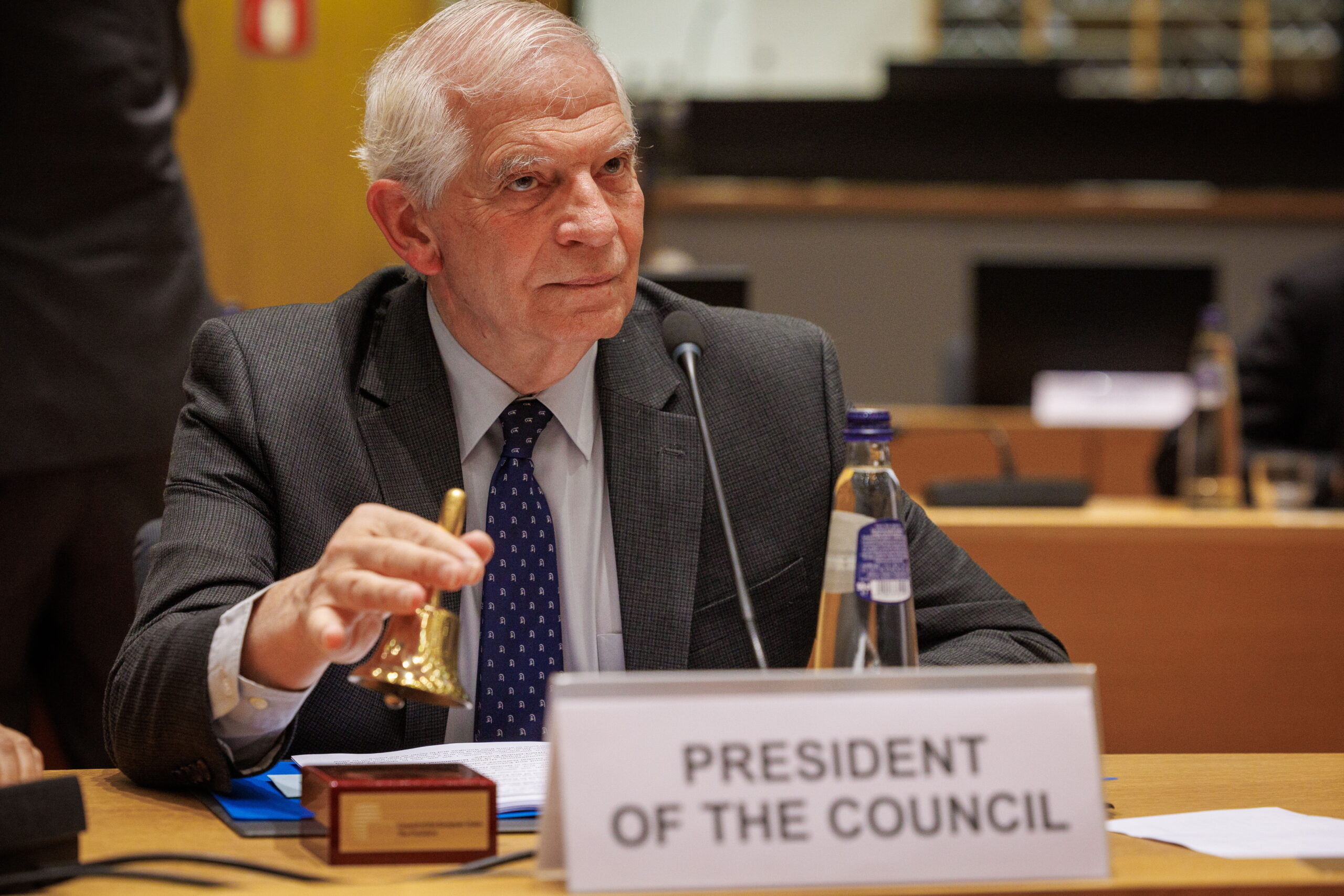 epa11324055 High Representative of the European Union for Foreign Affairs and Security Policy Josep Borrell rings the Bell of the President of the Council at the European Union Foreign Affairs Ministers Council in its development configuration in Brussels, Belgium, 07 May 2024. EU Ministers will exchange views on the situation in Ukraine, Europe engagement, and preparations for the summit of the future. The discussion is also expected to focus on humanitarian and reconstruction aspects in Palestine, and the report by the Independent Review Group on UNRWA, led by ex-French Foreign Affairs minister Catherine Colonna, will inform the council.  EPA/OLIVIER MATTHYS