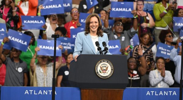 epa11510620 US Vice President Kamala Harris speaks during a campaign rally at Georgia State Convocation Center in Atlanta, Georgia, USA, 30 July 2024.  EPA/EDWARD M. PIO RODA