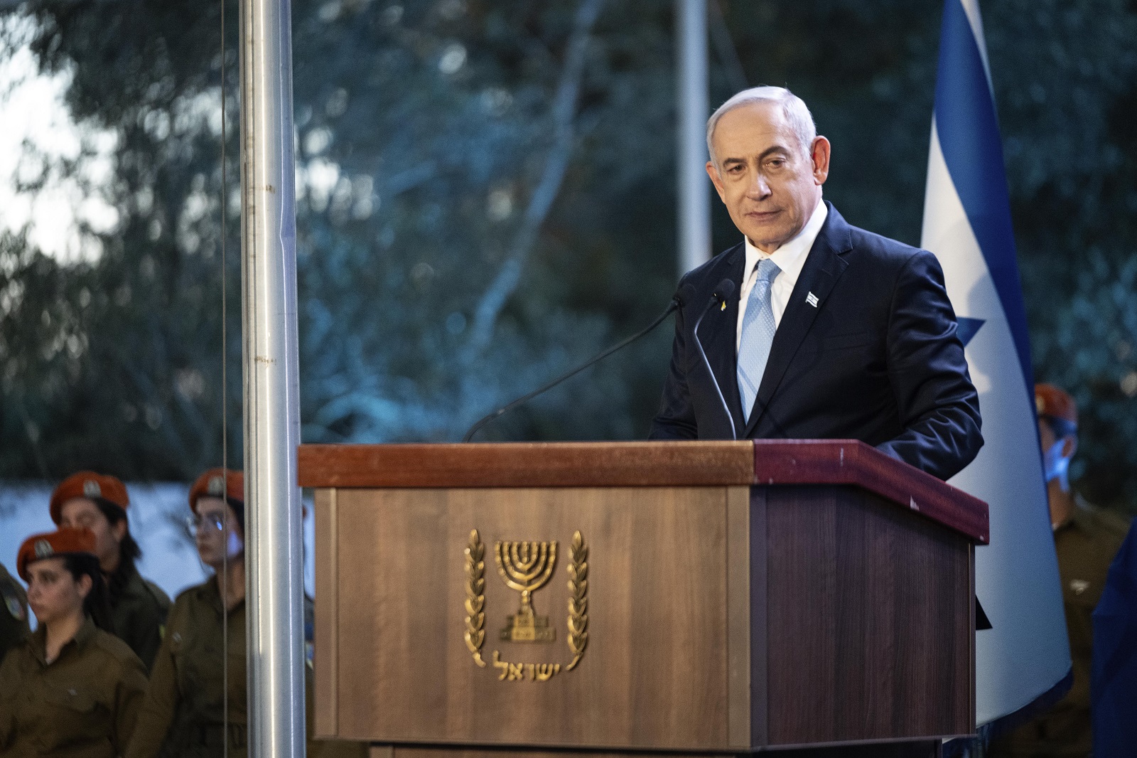 epa11526316 Israeli Prime Minister Benjamin Netanyahu speaks during the state memorial for former Revisionist Zionist leader and author Ze'ev Jabotinsky at Mount Herzl Military Cemetery in Jerusalem, 04 August 2024. Jabotinsky died on 03 August 1940.  EPA/Naama Grynbaum / POOL