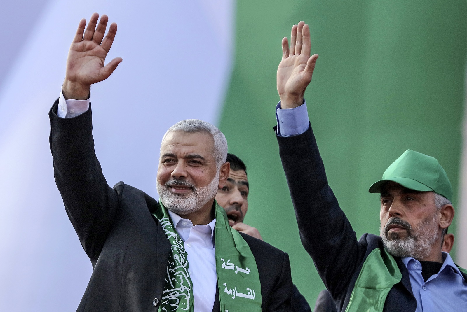 epa11531420 (FILE) Top Hamas leader Sheikh Ismail Haniyeh (L) and leader of Hamas movement in Gaza Strip Yahya Al Sinwar (R) attend a Hamas rally to mark the group's 30th anniversary, in Gaza City, Gaza Strip, 14 December 2017 (reissued 06 August 2024). On 06 August 2024 Hamas announced that Senior Hamas leader in Gaza Strip Yahya Al-Sinwar, became the group's new political leader following the assassination of Hamas leader Ismail Haniyeh in Tehran on 31 July 2024.  EPA/MOHAMMED SABER *** Local Caption *** 53959584