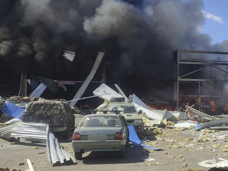 epa11539383 A handout picture made available by the Donetsk Regional State Administration shows snike rising following a shelling on a shopping mall in Kostiantynivka, Donetsk region, Ukraine, 09 August 2024, amid the Russian invasion. According to the State Emergency Service of Ukraine, at least 10 people died and 35 others were injured in the shelling, while residential buildings, shops, and more than a dozen cars were damaged.  EPA/Donetsk Regional State Administration HANDOUT  HANDOUT EDITORIAL USE ONLY/NO SALESHANDOUT EDITORIAL USE ONLY/NO SALES