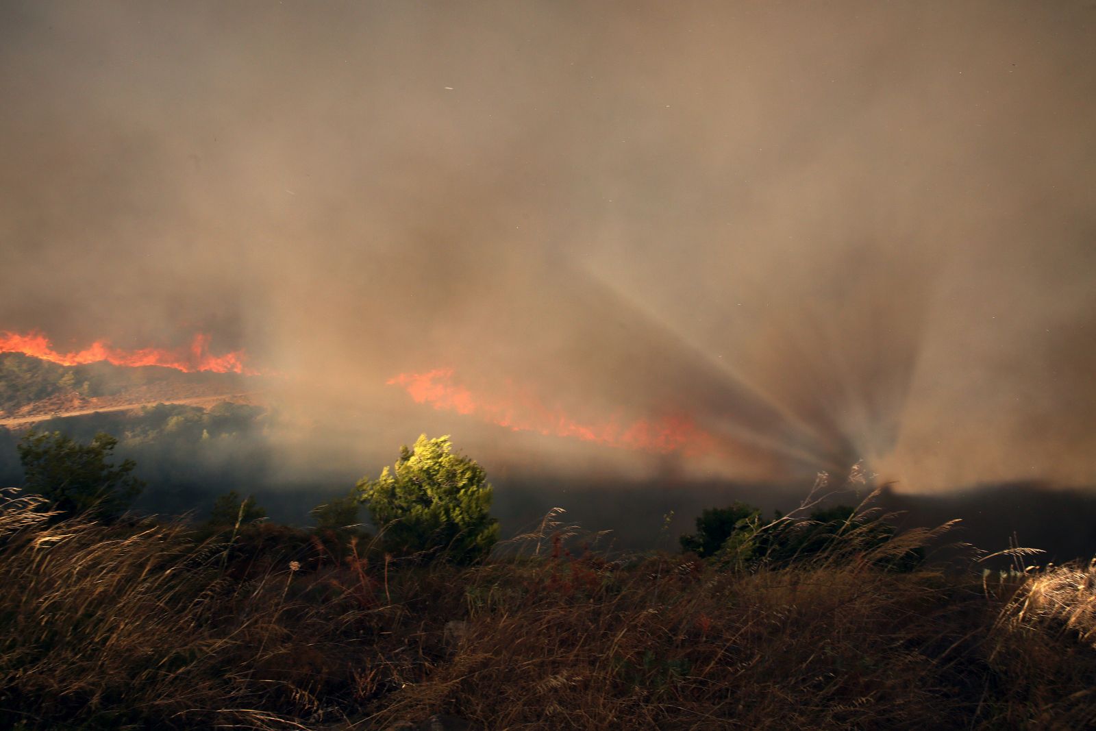 epa11545831 Thick smoke rises during a wildfire that broke out in an area of farmland and forest in Varnavas, Attica region, Greece, 11 August 2024. The forces working to extinguish the Varnavas fire include 250 firefighters with 10 teams of forest commandos, 67 vehicles and a large number of volunteers, 12 firefighting airplanes and seven helicopters in the air and one helicopter for coordination. Assistance is also being provided by digging machinery and water trucks of the Attica Region and the armed forces. Varnavas residents have been instructed to evacuate the area via a message from the 112 emergency number.  EPA/ALEXANDROS BELTES