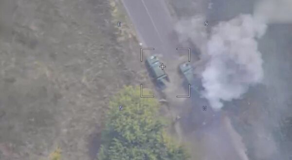 epa11546539 A still image taken from a handout video provided by the Russian Defence Ministry shows a Lancet drone striking a mobile missile launcher of the Ukrainian Armed Forces at the border area in the Kursk region, Russia, 12 August 2024. According to Andrei Belostotsky, acting deputy governor of the Kursk region, over 3,000 civilians were evacuated from border areas as a result of attacks by the Ukrainian Armed Forces in the Kursk region that started on 06 August. On 10 August the National Anti-Terrorism Committee confirmed the enforcement of a counter-terrorism operation (CTO) in the Kursk, Belgorod and Bryansk regions.  EPA/RUSSIAN DEFENCE MINISTRY PRESS SERVICE/HANDOUT HANDOUT EDITORIAL USE ONLY/NO SALESHANDOUT EDITORIAL USE ONLY/NO SALES