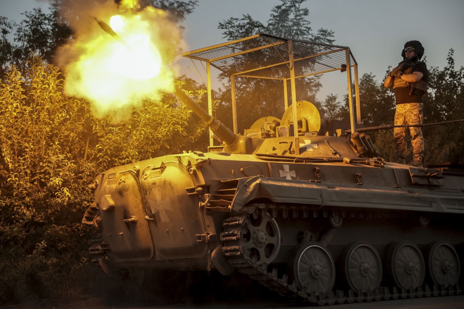 epa11554841 A handout picture made available on 19 August 2024 by the press service of the 24th Mechanized Brigade of Ukrainian Armed Forces shows servicemen of 24th Mechanized Brigade, named after King Danylo, firing from BRM1K infantry fighting vehicle towards Russian positions near Chasiv Yar town, in Donetsk region, Ukraine, 17 August 2024 .  Russian troops entered Ukrainian territory on 24 February 2022, starting a conflict that has provoked destruction and a humanitarian crisis.  EPA/PRESS SERVICE OF THE 24 MECHANIZED BRIGADE HANDOUT  HANDOUT EDITORIAL USE ONLY/NO SALES