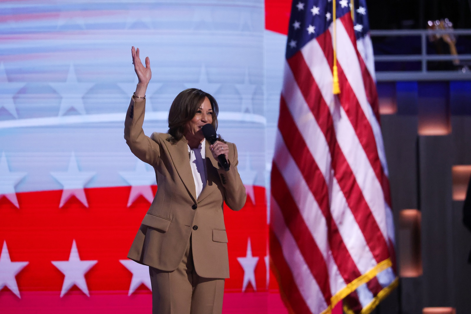 epa11555843 US Vice President Kamala Harris addresses the audience on the opening night of the Democratic National Convention (DNC) at the United Center in Chicago, Illinois, USA, 19 August 2024. The 2024 Democratic National Convention is being held 19 to 22 August 2024 in which delegates of the United States' Democratic Party will vote on the party's platform and ceremonially vote for the party's nominees for president and vice president, Vice President Kamala Harris and Governor Tim Walz of Minnesota, for the upcoming presidential election.  EPA/JUSTIN LANE