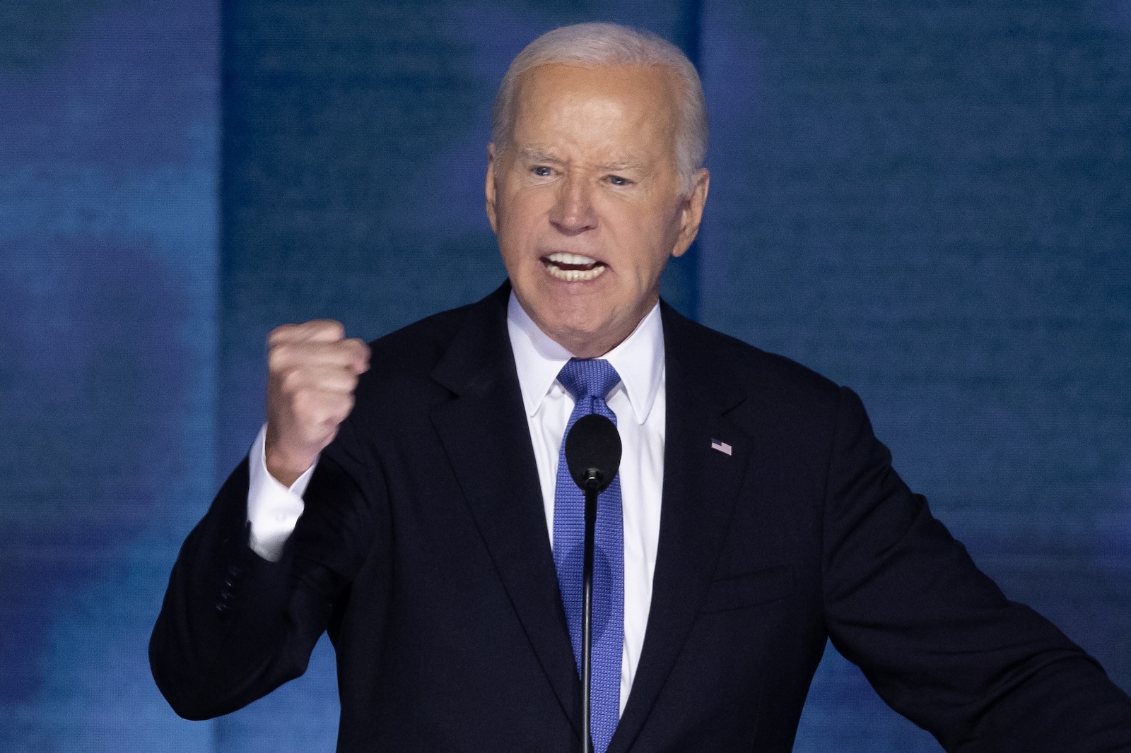 epa11556080 US President Joe Biden speaks during the opening night of the Democratic National Convention (DNC) at the United Center in Chicago, Illinois, USA, 19 August 2024. The 2024 Democratic National Convention is being held from 19 to 22 August 2024, during which delegates of the United States' Democratic Party will vote on the party's platform and ceremonially vote for the party's nominee for president, Vice President Kamala Harris, and for vice president, Governor Tim Walz of Minnesota, for the upcoming presidential election.  EPA/MICHAEL REYNOLDS