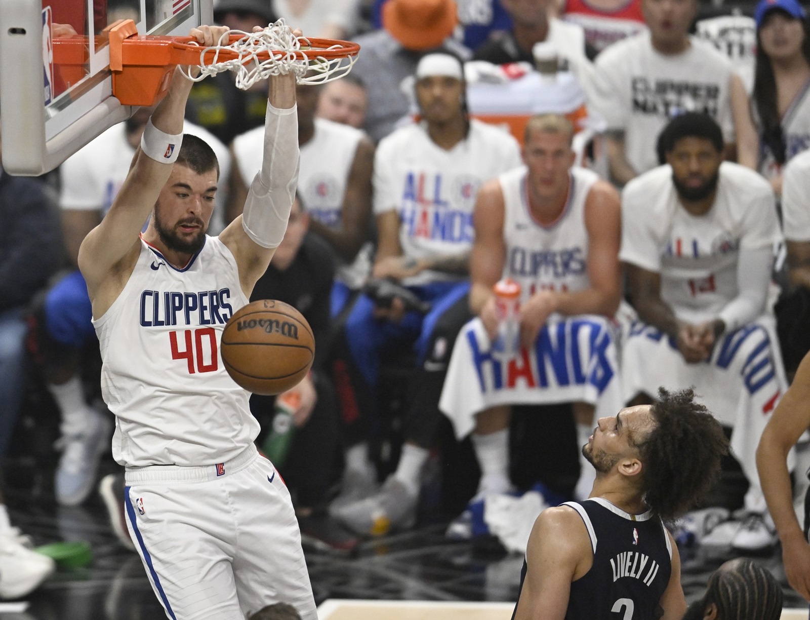 LOS ANGELES, CA - MAY 01: LA Clippers center Ivica Zubac (40) dunks the bad over Dallas Mavericks center Dereck Lively II (2) in game 5 of an NBA western conference playoff game on at Crypto.com Arena in Los Angeles, CA.,Image: 869522261, License: Rights-managed, Restrictions: FOR EDITORIAL USE ONLY. Icon Sportswire (A Division of XML Team Solutions) reserves the right to pursue unauthorized users of this image. If you violate our intellectual property you may be liable for: actual damages, loss of income, and profits you derive from the use of this image, and, where appropriate, the costs of collection and/or statutory damages up to $150,000 (USD)., Model Release: no, Credit line: John McCoy/Icon Sportswire / Newscom / Profimedia