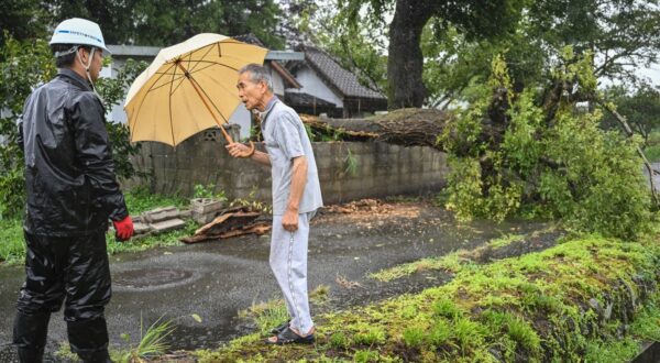 People chat next to a fallen tree brought down by strong winds from Typhoon Shanshan in Usa, Oita prefecture on August 29, 2024. Typhoon Shanshan hit Japan with full force on August 29, injuring dozens as howling winds smashed windows and blew tiles off houses while torrential rains turned rivers into raging torrents.,Image: 902646014, License: Rights-managed, Restrictions: , Model Release: no, Credit line: Yuichi YAMAZAKI / AFP / Profimedia