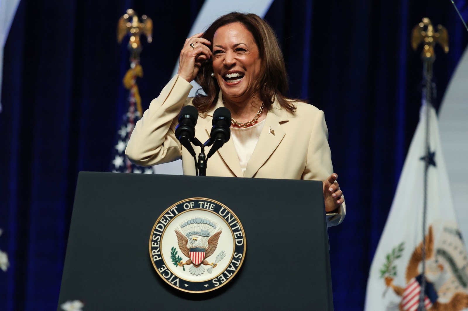 epa11494553 US Vice President Kamala Harris speaks during the Boule Social Justice Town Hall and Luncheon at the Zeta Phi Beta 2024 Grand Boule in Indianapolis, Indiana, USA, 24 July 2024. President Biden announced on 21 July that he would no longer seek re-election and endorsed Vice President Harris to be the Democratic presidential nominee for the US elections in November 2024.  EPA/BRIAN SPURLOCK