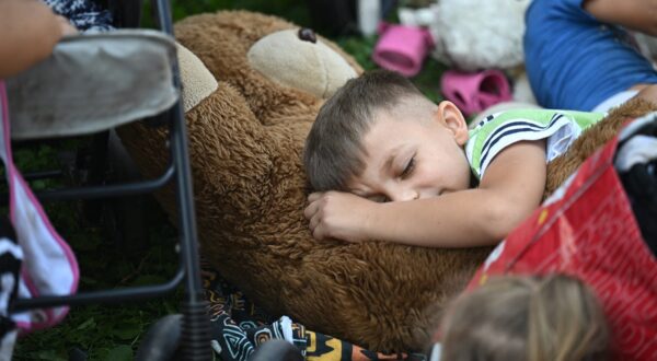 A young boy sleeps on his teddy bear among Ukrainian refugees from Transcarpathia in the village of Kocs, about 70 km north-west from the Hungarian capital Budapest, on August 21, 2024, after some 120 refugees were ousted from their guest house.
 Thousands of Ukrainian refugees face eviction from shelters in Hungary after a legislative change that came into effect on August 21, 2024 took away their access to state-subsidised accommodation. Most were Roma women and children from Transcarpathia in western Ukraine, where there is a large Hungarian community.,Image: 900399170, License: Rights-managed, Restrictions: , Model Release: no, Credit line: Attila KISBENEDEK / AFP / Profimedia