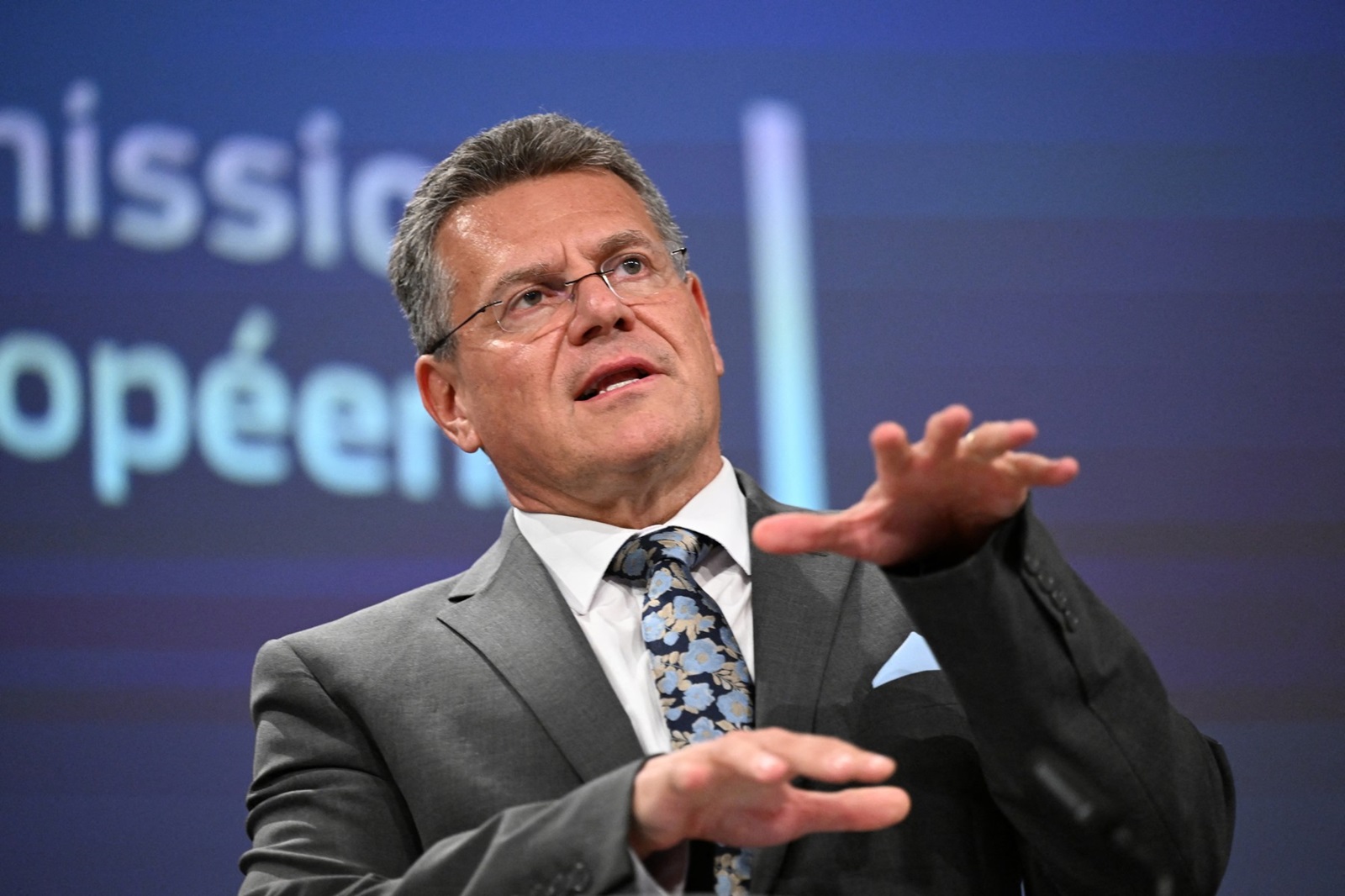 Vice-President of the European Commission for Interinstitutional Relations, Maros Sefcovic, gestures as he speaks during a press conference following a meeting of the EU-United Kingdom Joint Committee and the EU-United Kingdom Partnership Council at the EU headquaters in Brussels, on May 16, 2024.,Image: 873630978, License: Rights-managed, Restrictions: , Model Release: no, Credit line: JOHN THYS / AFP / Profimedia