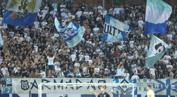 22.08.2024., stadion HNK Rijeka, Rijeka - Prva utakmica play-offa za ulazak u UEFA Konferencijsku ligu, HNK Rijeka - NK Olimpija. navijaci Rijeke, Armada Photo: Nel Pavletic/PIXSELL