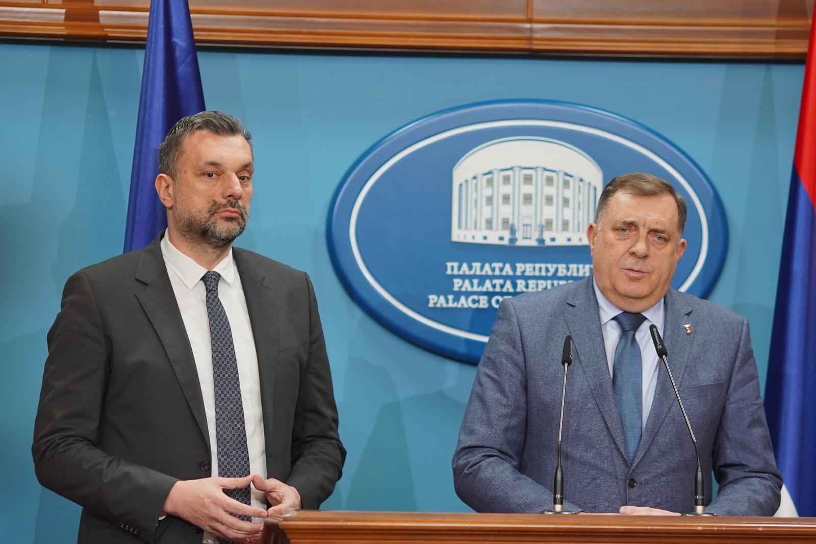 01.02.2023., Palata Republike, Banja Luka (BiH) – Predsjednik RS Milorad Dodik razgovarao je sa Elmedinom Konakovicem, novim ministrom vanjskih poslova BiH. Nakon sastanka je odrzana konferencija za novinare.
 Photo: Dejan Rakita/PIXSELL