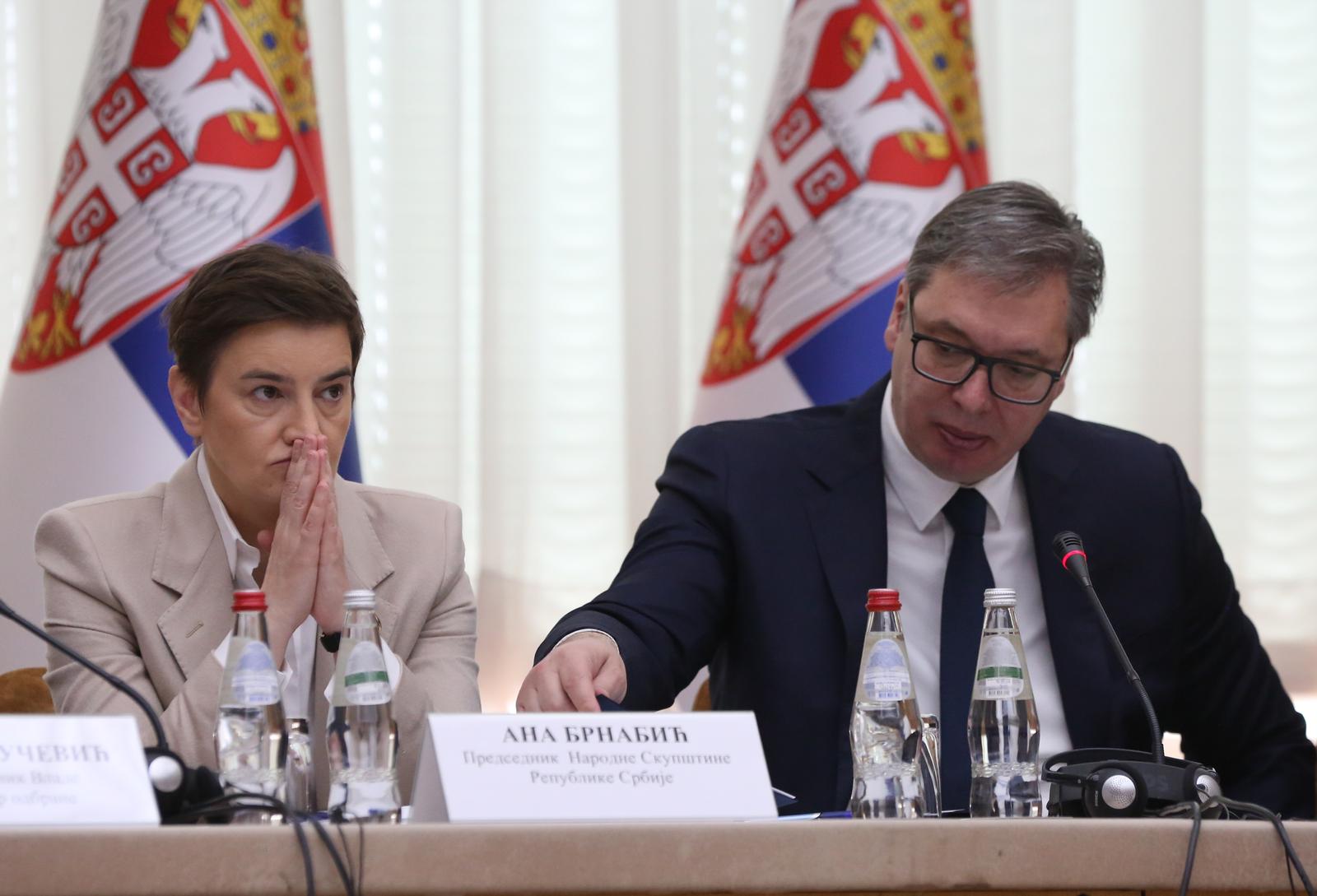 04, April, 2024, Belgrade -The President of the Republic of Serbia Aleksandar Vucic attended the extraordinary session of the Government of the Republic of Serbia held in the Palace of Serbia. Ana Brnabic, Aleksandar Vucic. Photo: F.S./ATAImages

04, april, 2024, Beograd - Predsednik Republike Srbije Aleksandar Vucic prisustvovao je vanrednoj sednici Vlade Republike Srbije odrzanoj u Palati Srbije. Photo: F.S./ATAImages Photo: F.S./ATAImages/PIXSELL