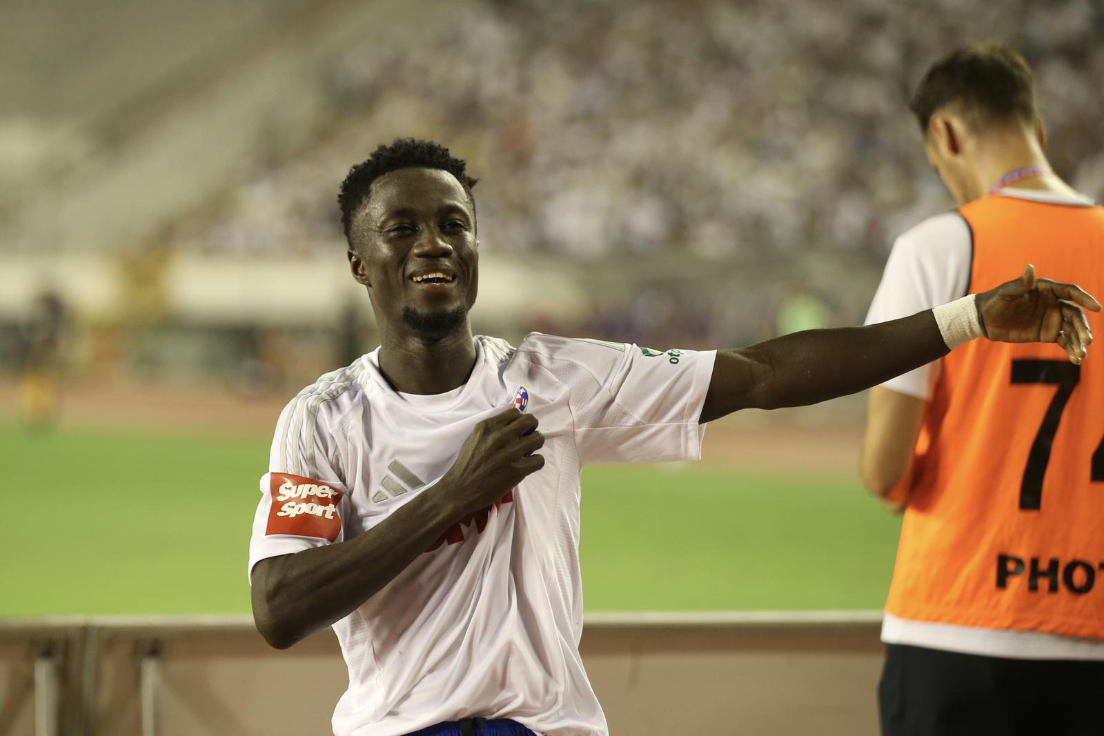 04.08.2024., stadion Poljud, Split - SuperSport HNL, 01. kolo, HNK Hajduk - NK Slaven Belupo. Abdoulie Sanyang slavi postignuti pogodak za vodstvo Hajduka 2:0. Photo: Ivo Cagalj/PIXSELL