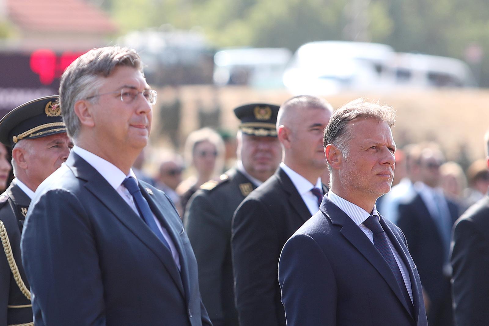 05.08.2024., Stadion NK Dinara, Knin - Proslava obiljezavanja Dana pobjede i domovinske zahvalnosti, Dana hrvatskih branitelja i 29. obljetnice vojno redarstvene operacije Oluja. Andrej Plenkovic, Gordan Jandrokovic, Zoran Milanovic. Photo: Sime Zelic/PIXSELL