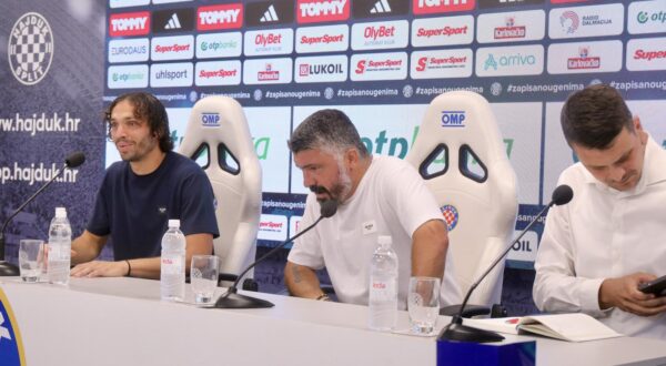 07.08.2024., Split - Konferencija za medije HNK-a Hajduk uoci prve utakmice 3. pretkola kvalifikacija za UEFA Konferencijsku ligu protiv MFK Ruzomberoka. Filip Krovinovic, trener Hajduka Gennaro Gattuso Photo: Ivo Cagalj/PIXSELL