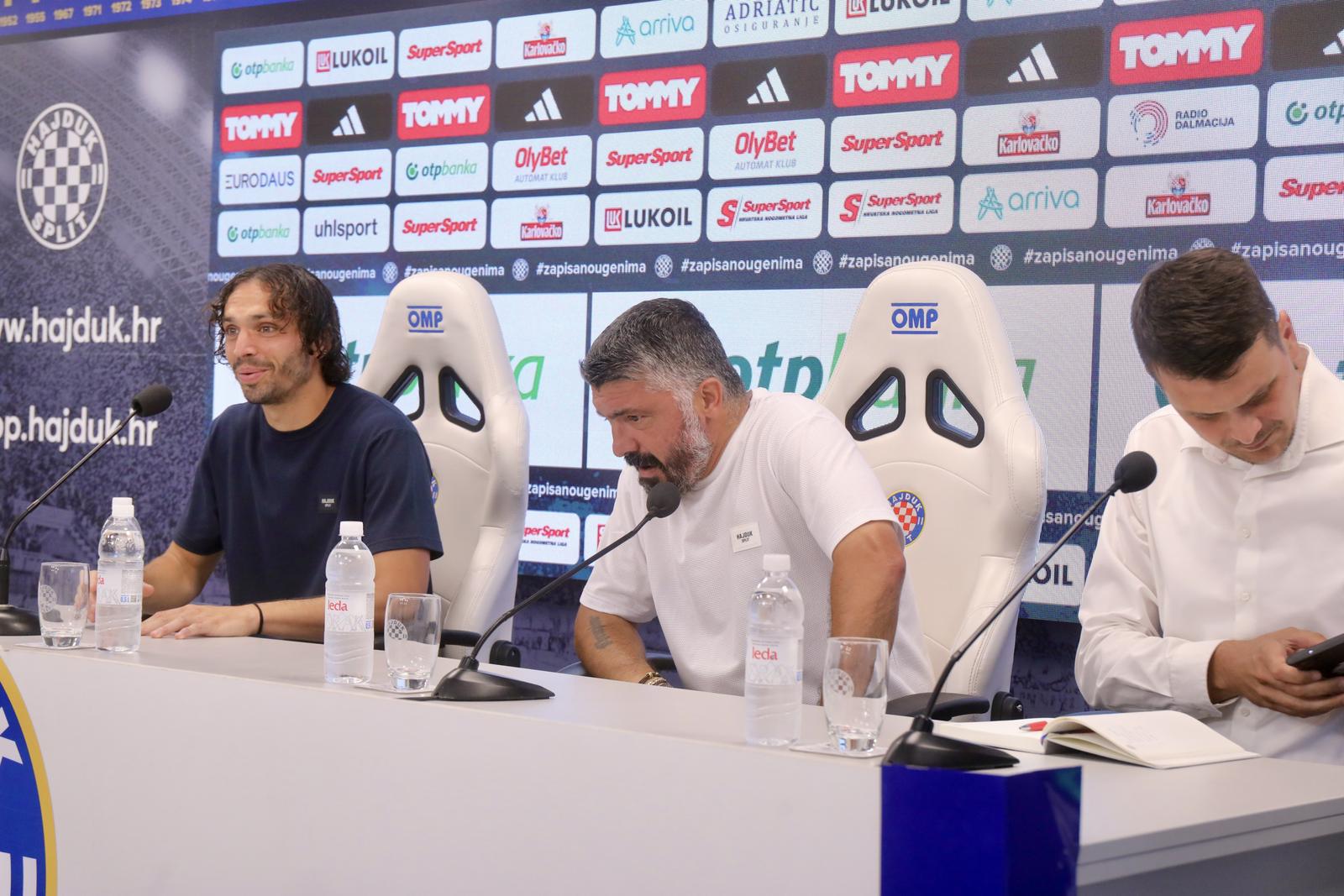 07.08.2024., Split - Konferencija za medije HNK-a Hajduk uoci prve utakmice 3. pretkola kvalifikacija za UEFA Konferencijsku ligu protiv MFK Ruzomberoka. Filip Krovinovic, trener Hajduka Gennaro Gattuso Photo: Ivo Cagalj/PIXSELL