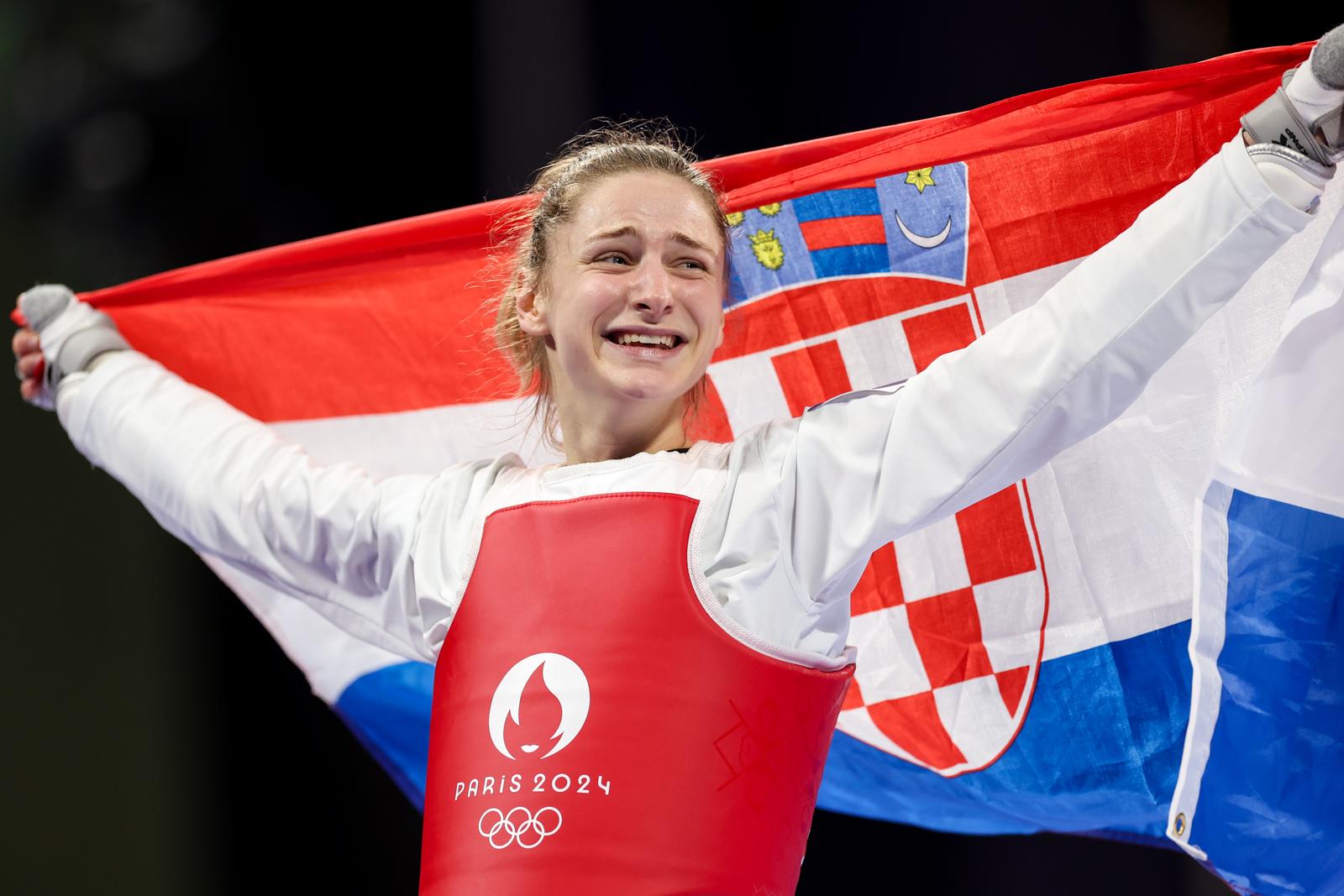 07.08.2024., Pariz, Francuska - XXXIII. Olimpijske igre Pariz 2024. Taekwondo, borba za trece mjesto zene do 49kg, Lena Stojkovic, Hrvatska - Merve Dincel Kavurat, Turska. Photo: Igor Kralj/PIXSELL