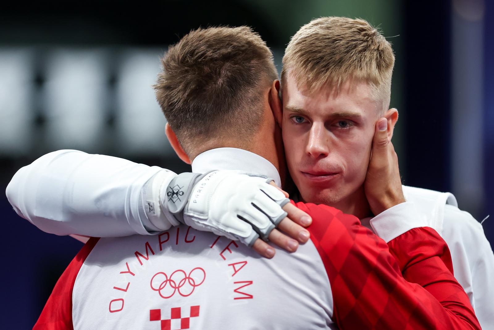 08.08.2024., Pariz, Francuska - XXXIII. Olimpijske igre Pariz 2024. Taekwondo, cetvrtfinale, muskarci do 68kg, Bradly Sinden, Velika Britanija - Marko Golubic, Hrvatska. Photo: Igor Kralj/PIXSELL