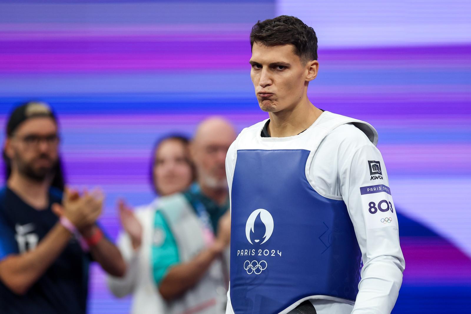 10.08.2024., Pariz, Francuska - XXXIII. Olimpijske igre Pariz 2024. Taekwondo, osminafinala, muskarci preko 80kg, Ivan Sapina, Hrvatska - Alasan Ann, Gambija. Photo: Igor Kralj/PIXSELL