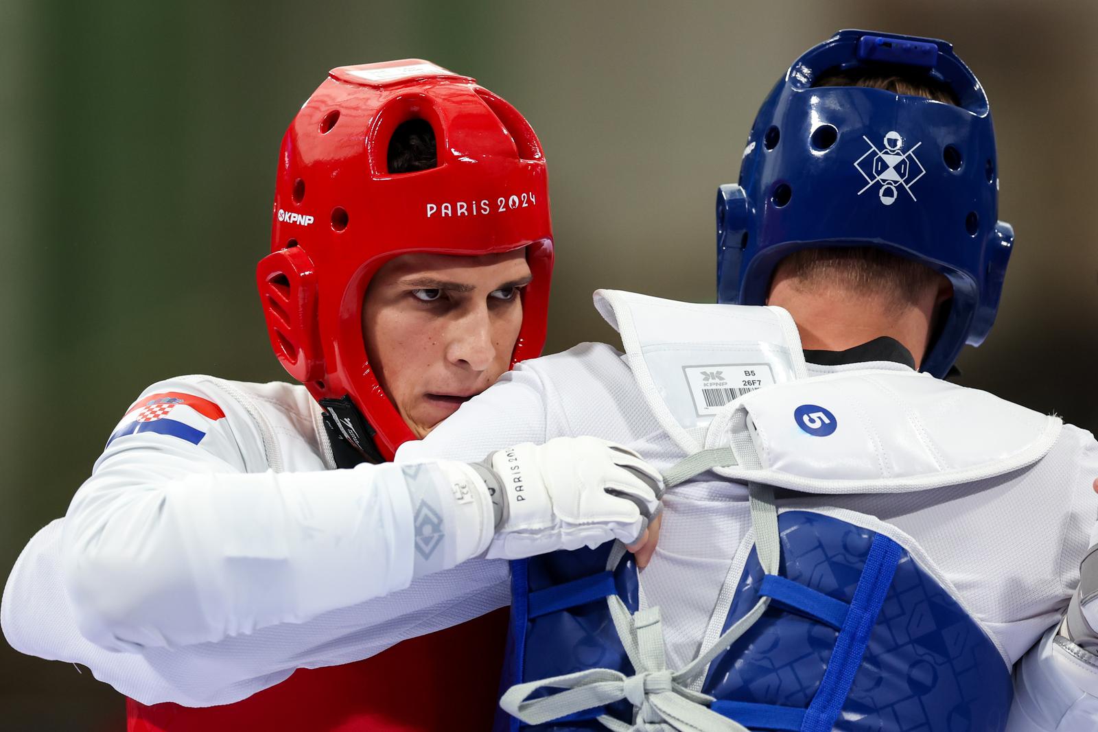 10.08.2024., Pariz, Francuska - XXXIII. Olimpijske igre Pariz 2024. Taekwondo, cetvrtfinale, muskarci preko 80kg, Richard Andre Ordemann, Norveska - Ivan Sapina, Hrvatska. Photo: Igor Kralj/PIXSELL