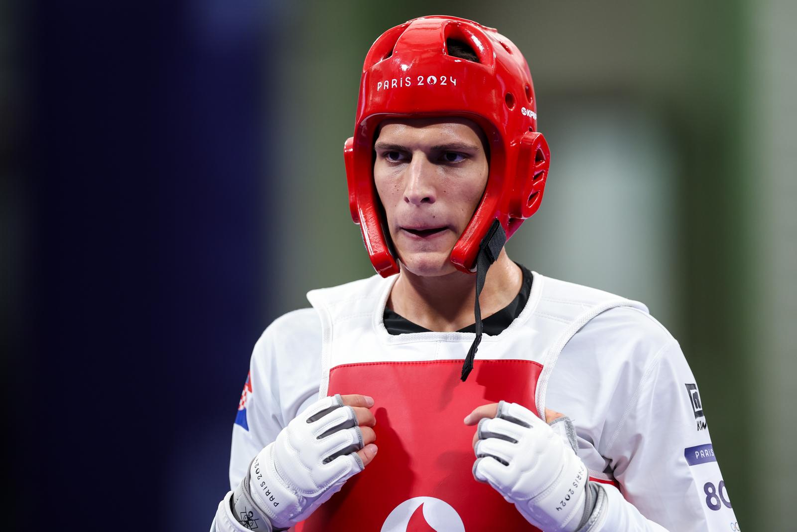 10.08.2024., Pariz, Francuska - XXXIII. Olimpijske igre Pariz 2024. Taekwondo, cetvrtfinale, muskarci preko 80kg, Richard Andre Ordemann, Norveska - Ivan Sapina, Hrvatska. Photo: Igor Kralj/PIXSELL