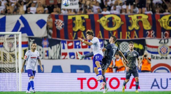 15.08.2024., stadion Poljud, Split - Uzvratna utakmica 3. pretkola kvalifikacija za UEFA Konferencijsku ligu, HNK Hajduk - MFK Ruzomberok. Rokas Pukstas, Samuel Lavrincik Photo: Zvonimir Barisin/PIXSELL