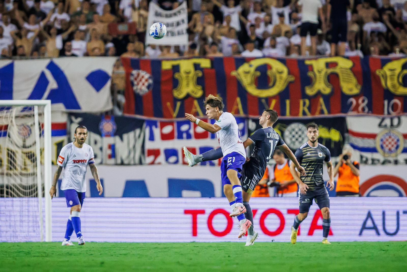 15.08.2024., stadion Poljud, Split - Uzvratna utakmica 3. pretkola kvalifikacija za UEFA Konferencijsku ligu, HNK Hajduk - MFK Ruzomberok. Rokas Pukstas, Samuel Lavrincik Photo: Zvonimir Barisin/PIXSELL