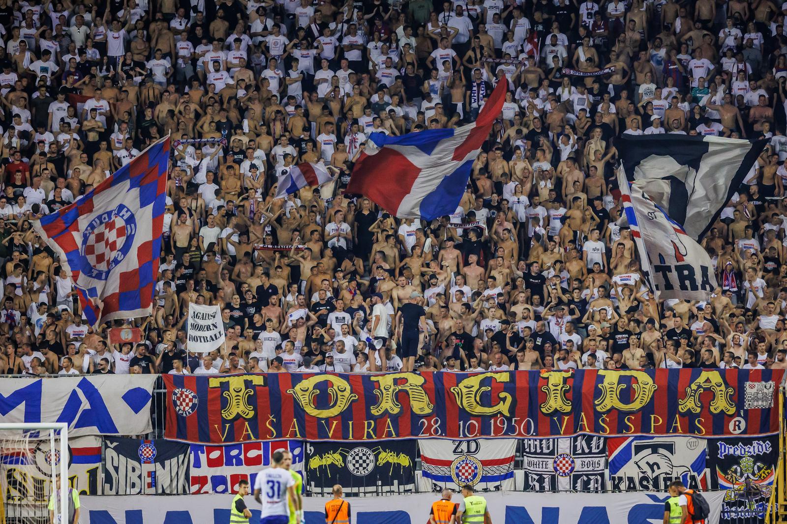 15.08.2024., stadion Poljud, Split - Uzvratna utakmica 3. pretkola kvalifikacija za UEFA Konferencijsku ligu, HNK Hajduk - MFK Ruzomberok. navijaci Hajduka, Torcida Photo: Zvonimir Barisin/PIXSELL