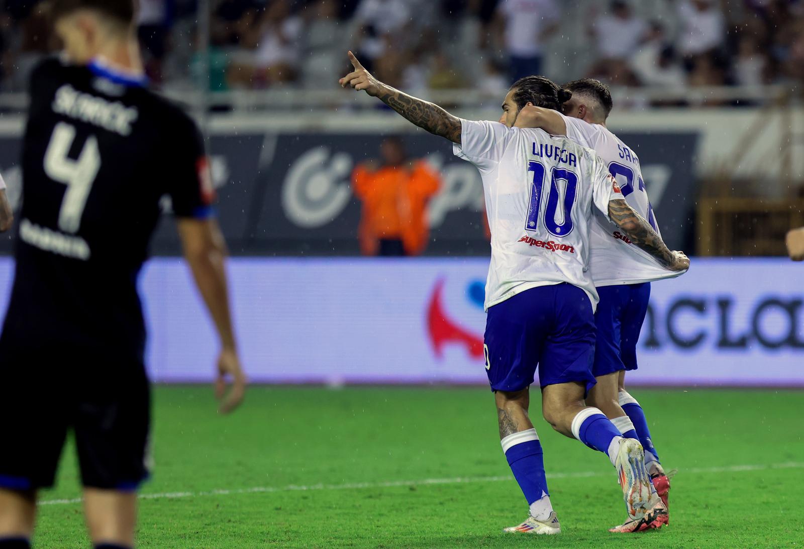 18.08.2024., stadion Poljud, Split - SuperSport HNL, 03. kolo, HNK Hajduk - NK Varazdin. Slavlje nogometasa Hajduka nakon pogotka Marka Livaje za vodstvo 2:1. Marko Livaja, Emir Sahiti Photo: Ivana Ivanovic/PIXSELL