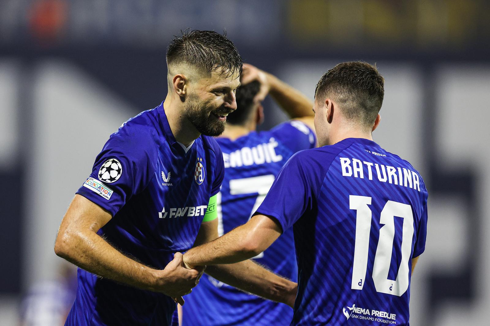 20.08.2024., stadion Maksimir, Zagreb - Prva utakmica play-offa za ulazak u UEFA Ligu prvaka, GNK Dinamo - FK Qarabag. Nogometasi Dinama slave pogodak Sandra Kulenovica za vodstvo 2:0. Bruno Petkovic, Martin Baturina Photo: Luka stanzl/PIXSELL