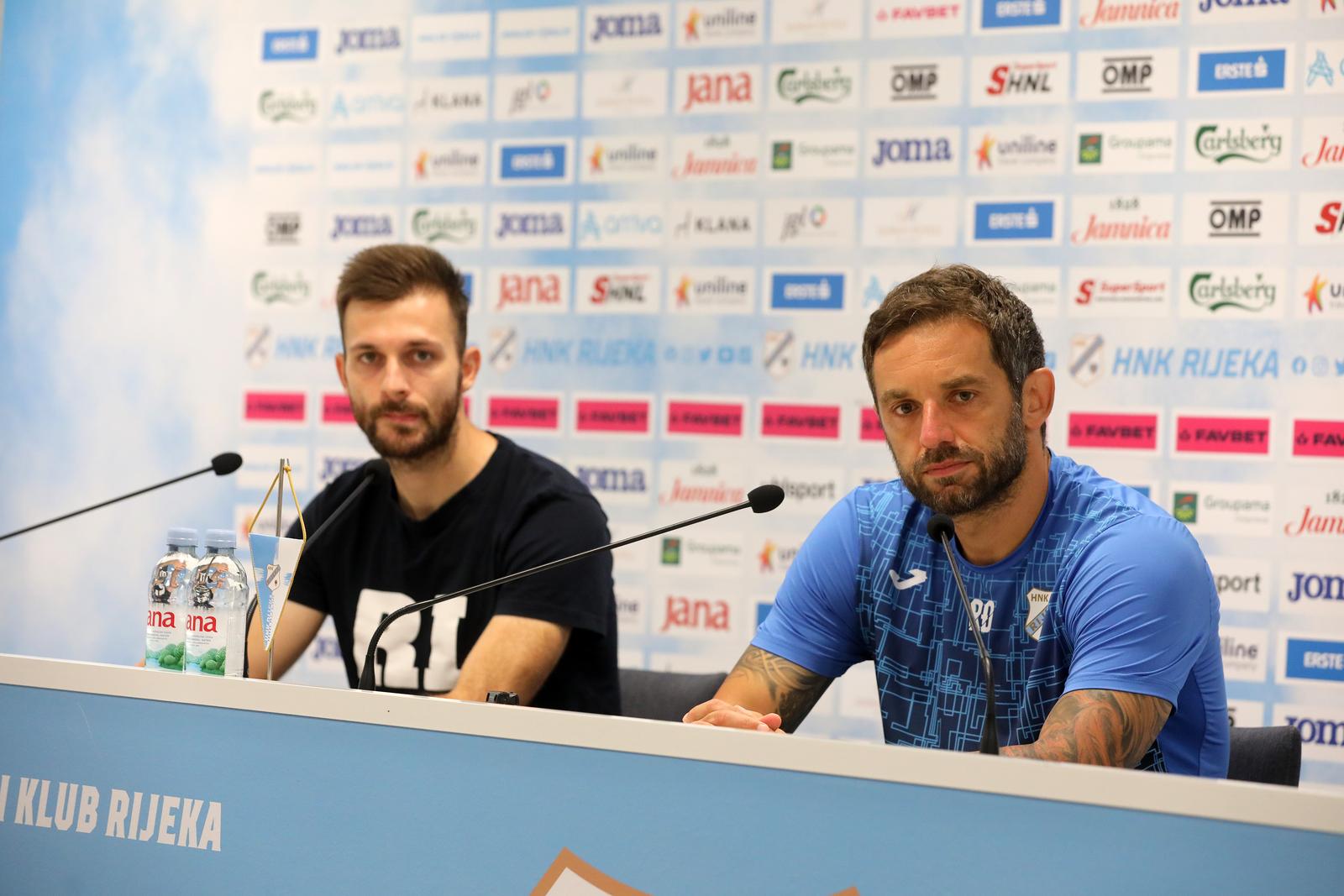 21.08.2024., Rijeka - Konferencija za novinare u press centru stadiona na Rujevici  trenera HNk Rijeke Radomira Djalovica i igraca Brune Bogojevica uoci utakmice Rijeka - Olimpija. Photo: Goran Kovacic/PIXSELL