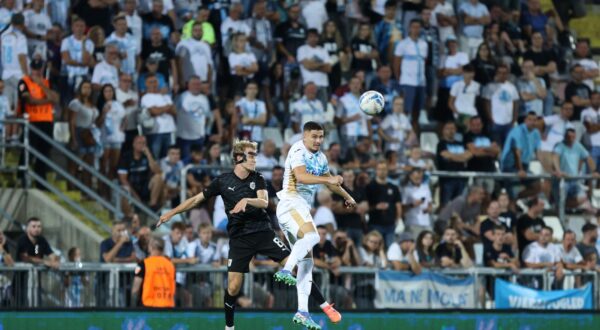 22.08.2024., stadion HNK Rijeka, Rijeka - Prva utakmica play-offa za ulazak u UEFA Konferencijsku ligu, HNK Rijeka - NK Olimpija. Justas Lasickas, Franjo Ivanovic Photo: Nel Pavletic/PIXSELL