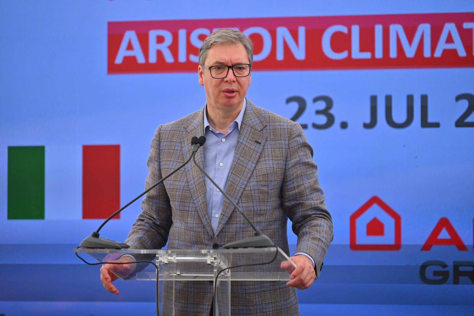 23, July, 2024, Nis - The President of the Republic of Serbia, Aleksandar Vucic, attended the solemn ceremony of laying the foundation stone for the construction of the factory of the company "Ariston". Aleksandra Vucic. Photo: Dimitrije Nikolic/ATAImages

23, jul, 2024, Nis - Predsednik Republike Srbije Aleksandar Vucic prisustvovao je svecanoj ceremoniji polaganja kamena temeljca za izgradnju fabrike kompanije "Ariston". Photo: Dimitrije Nikolic/ATAImages Photo: Dimitrije Nikolic/ATAImages/PIXSELL