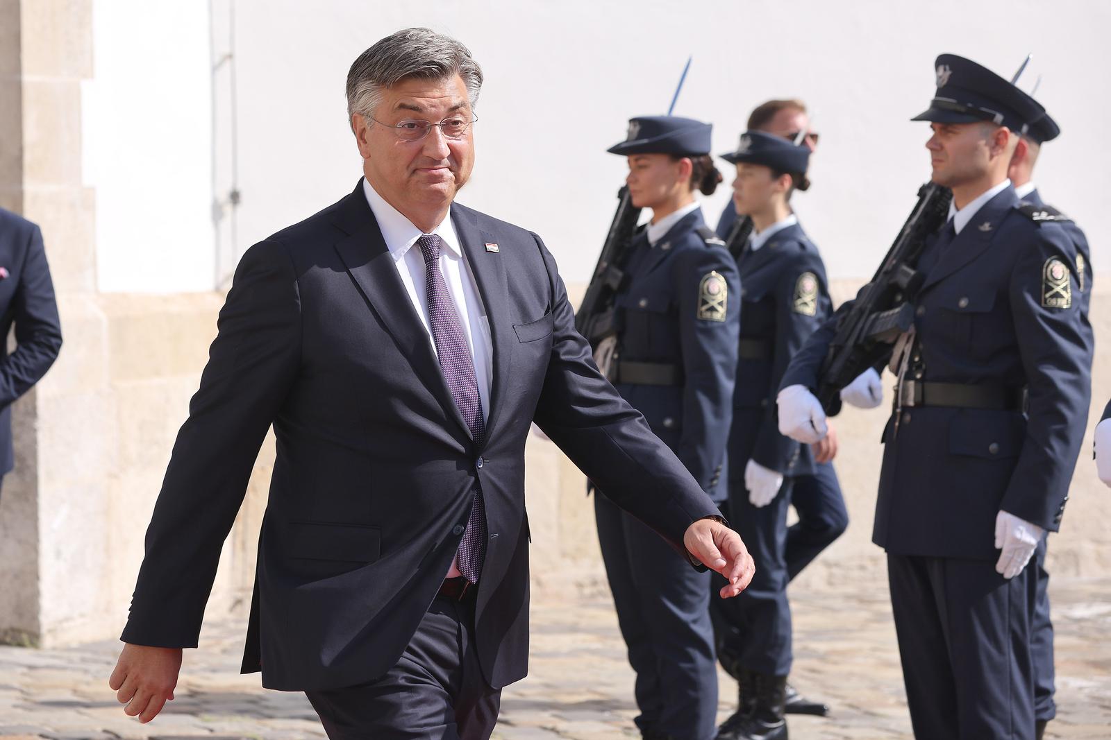 29.08.2024., Zagreb - Predsjednik Vlade Andrej Plenkovic primio je danas u Banskim dvorima predsjednika Vlade Sjeverne Makedonije Hristijana Mickoskog. Photo: Patrik Macek/PIXSELL