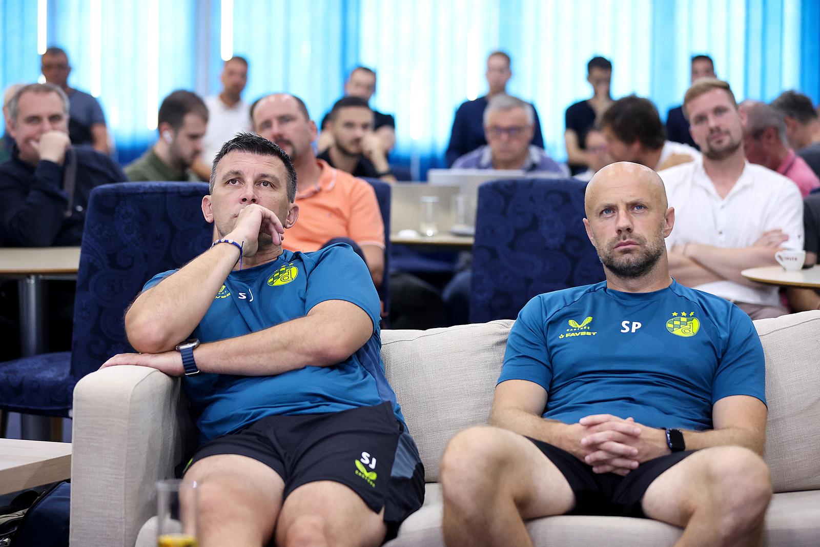 29.08.2024., stadion Maksimir, Zagreb - Izvlacenje parova UEFA Lige prvaka u Maksimiru. Zdrijeb su pratili trener GNK Dinamo Sergej Jakirovic, predsjednik Velimir Zajec, Silvio Maric i strucni stozer. Photo: Goran Stanzl/PIXSELL