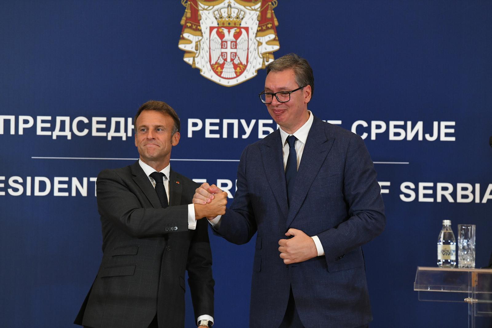 29, August, 2024, Beograd - Statements for the media by the President of the Republic of Serbia, Aleksandar Vucic, and the President of the Republic of France, Emmanuel Macron. Emmanuel Jean-Michel Frédéric Macron, Aleksandar Vucic. Photo: R.Z./ATAImages

29, avgust, 2024, Beograd - Izjave za medije predsednika Republike Srbije Aleksandra Vucica i predsednika Republike Francuske Emanuela Makrona. Photo: R.Z./ATAImages Photo: R.Z./ATAImages/PIXSELL