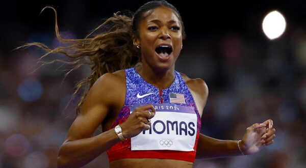 Paris 2024 Olympics - Athletics - Women's 200m Final - Stade de France, Saint-Denis, France - August 06, 2024. Gabrielle Thomas of United States celebrates after crossing the line to win gold. REUTERS/Sarah Meyssonnier Photo: Sarah Meyssonnier/REUTERS