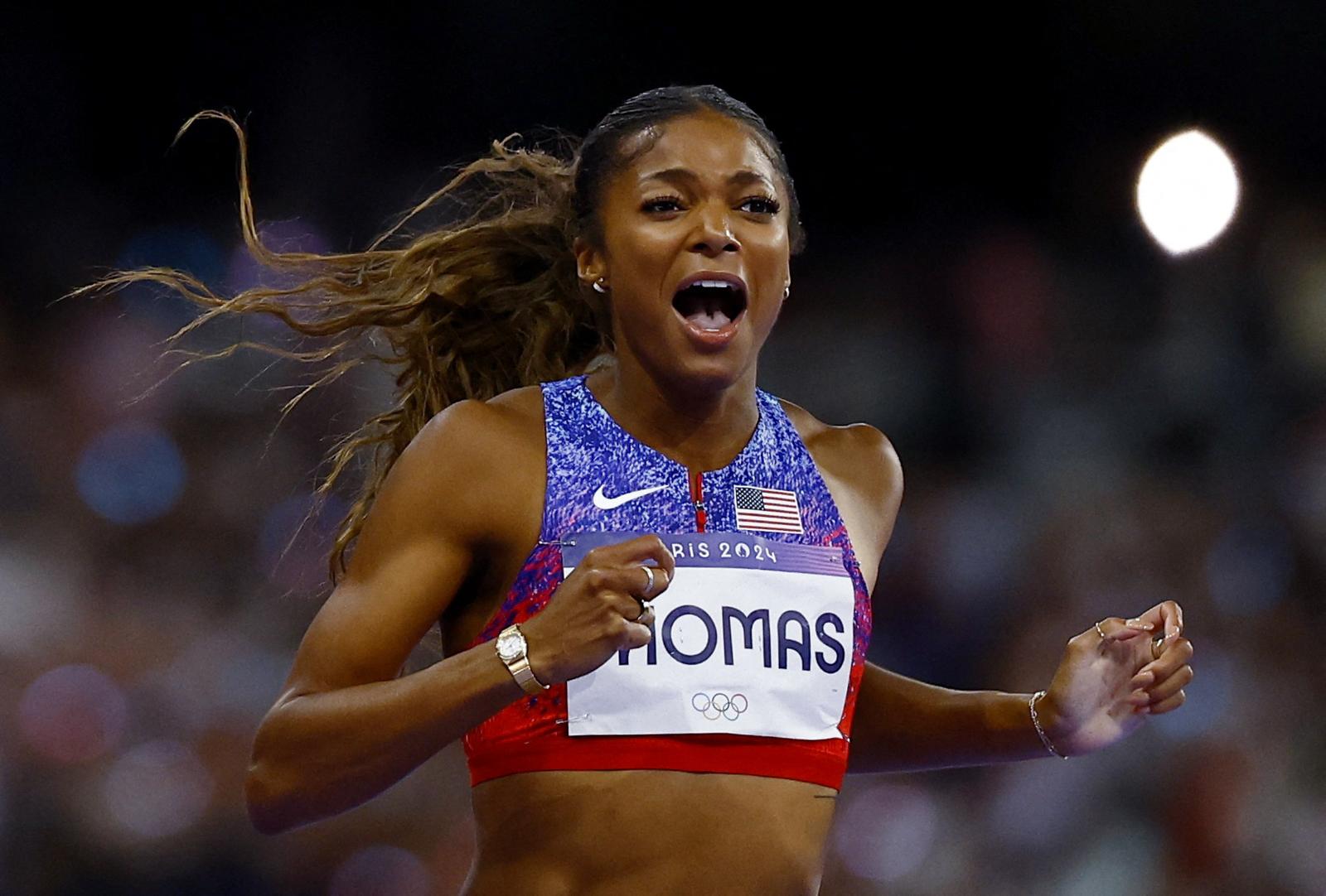 Paris 2024 Olympics - Athletics - Women's 200m Final - Stade de France, Saint-Denis, France - August 06, 2024. Gabrielle Thomas of United States celebrates after crossing the line to win gold. REUTERS/Sarah Meyssonnier Photo: Sarah Meyssonnier/REUTERS