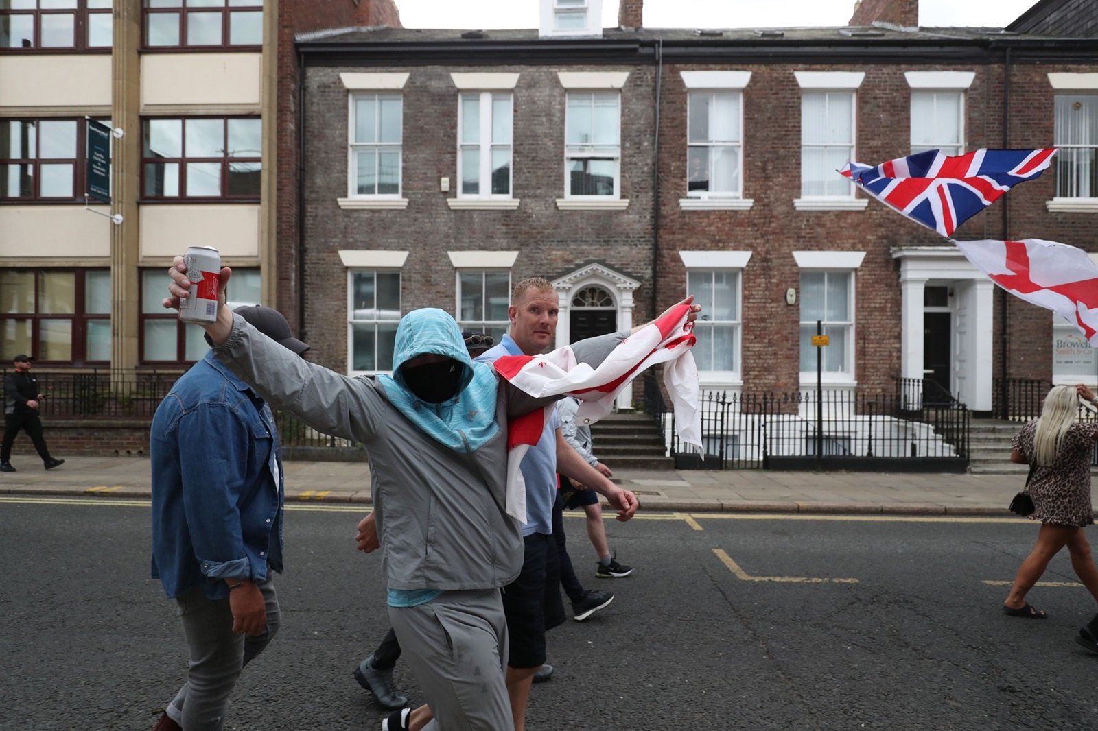 People protest in Sunderland city centre following the stabbing attacks on Monday in Southport, in which three young children were killed. Axel Rudakubana, 17, has been remanded into a youth detention accommodation, charged with three counts of murder, 10 counts of attempted murder and possession of a bladed article, following a knife attack at a Taylor Swift-themed holiday club. Picture date: Friday August 2, 2024.,Image: 895422981, License: Rights-managed, Restrictions: , Model Release: no, Credit line: Scott Heppell / PA Images / Profimedia