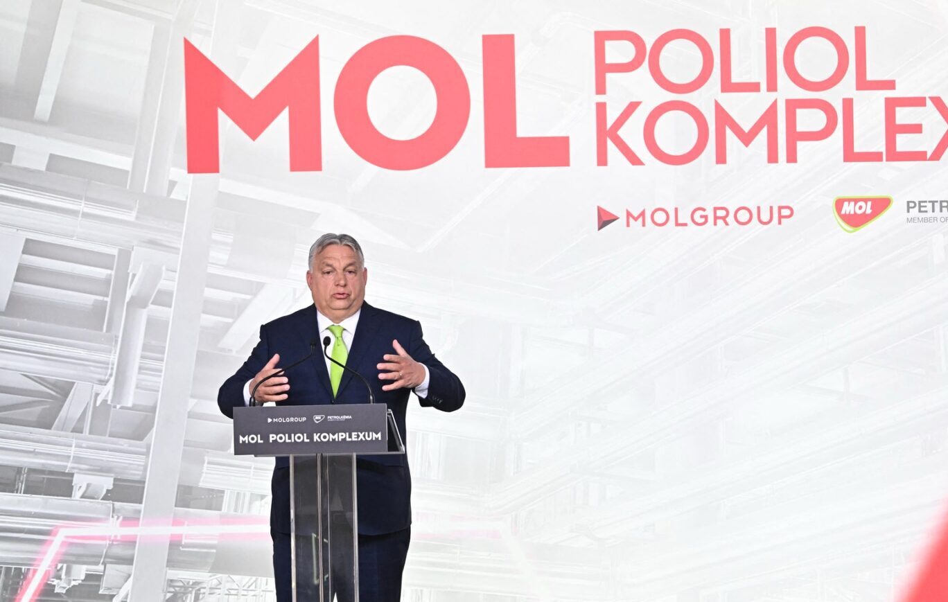 Hungarian Prime Minister Viktor Orban gives a speech to inaugurate Hungarian oil company Mol Group's new polyol complex near Tiszaujvaros, a town about 160 km from the Hungarian capital Budapest, on May 14, 2024. The petrochemical plant is set to produce around 200,000 tons of polyols per year. The Hungarian government subsidised the 1.3 billion development through tax allowance and investment grants.,Image: 872826382, License: Rights-managed, Restrictions: , Model Release: no, Credit line: Attila KISBENEDEK / AFP / Profimedia