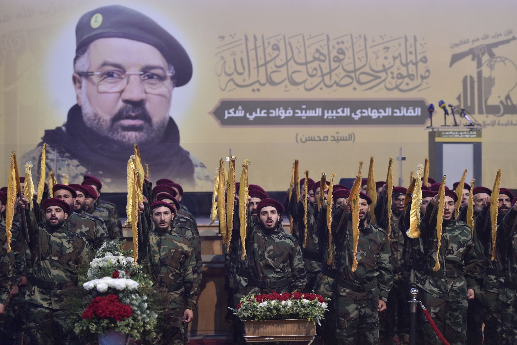 epaselect epa11515262 Hezbollah fighters gather prior to the funeral procession for late senior Hezbollah commander Fuad Shukr, killed in an Israeli strike, in Beirut, Lebanon, 01 August 2024. Hezbollah and the Israel Defense Forces (IDF) confirmed that Shukr was killed in an Israeli strike on 30 July in the Haret Hreik neighborhood of Beirut. Lebanon's state media said at least four people were killed.  EPA/WAEL HAMZEH