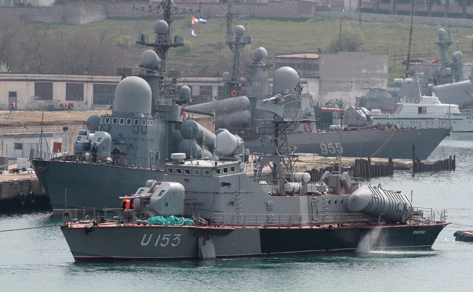 CRIMEA, RUSSIA. APRIL 11, 2014. Ukrainian Navy tanker Fastiv / Fastov (U760), front, towed away from Karantinnaya Bay, off Sevastopol, Russia, to be redeployed at Odessa, Ukraine.,Image: 192348169, License: Rights-managed, Restrictions: , Model Release: no, Credit line: Pavlishak Alexei / TASS / Profimedia